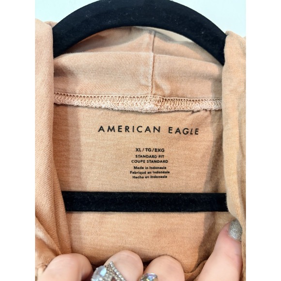 American Eagle XL Tan Lightweight Hoodie Distressed Wash Pullover Pocket Casual - Picture 3 of 5